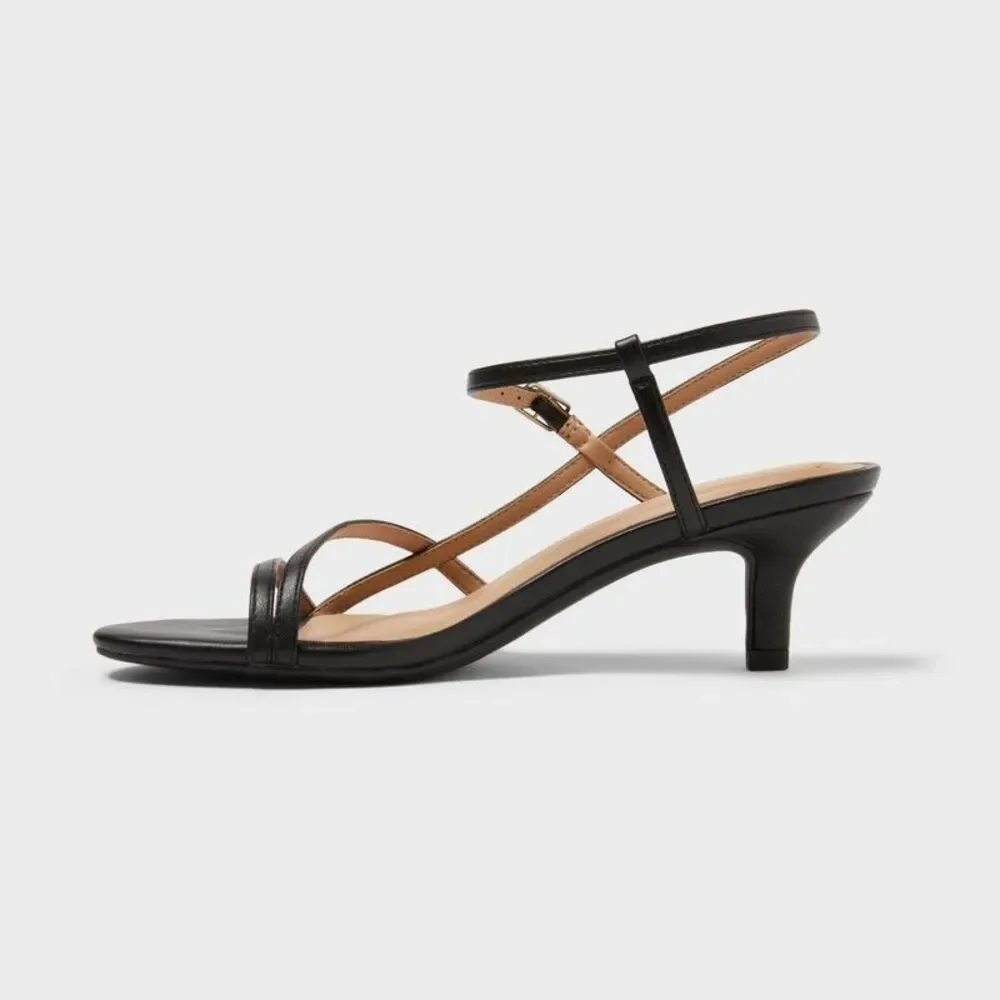 Women’s Stella Almond Toe Strappy Heels - A New Day Black 8